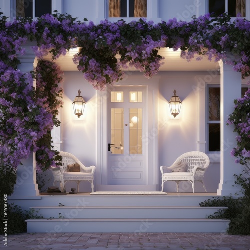 Entrance corner of the house in luxury or classic style. White furniture tone with purple flowers and vines. There is a light on the front door in the evening and chairs to sit on.