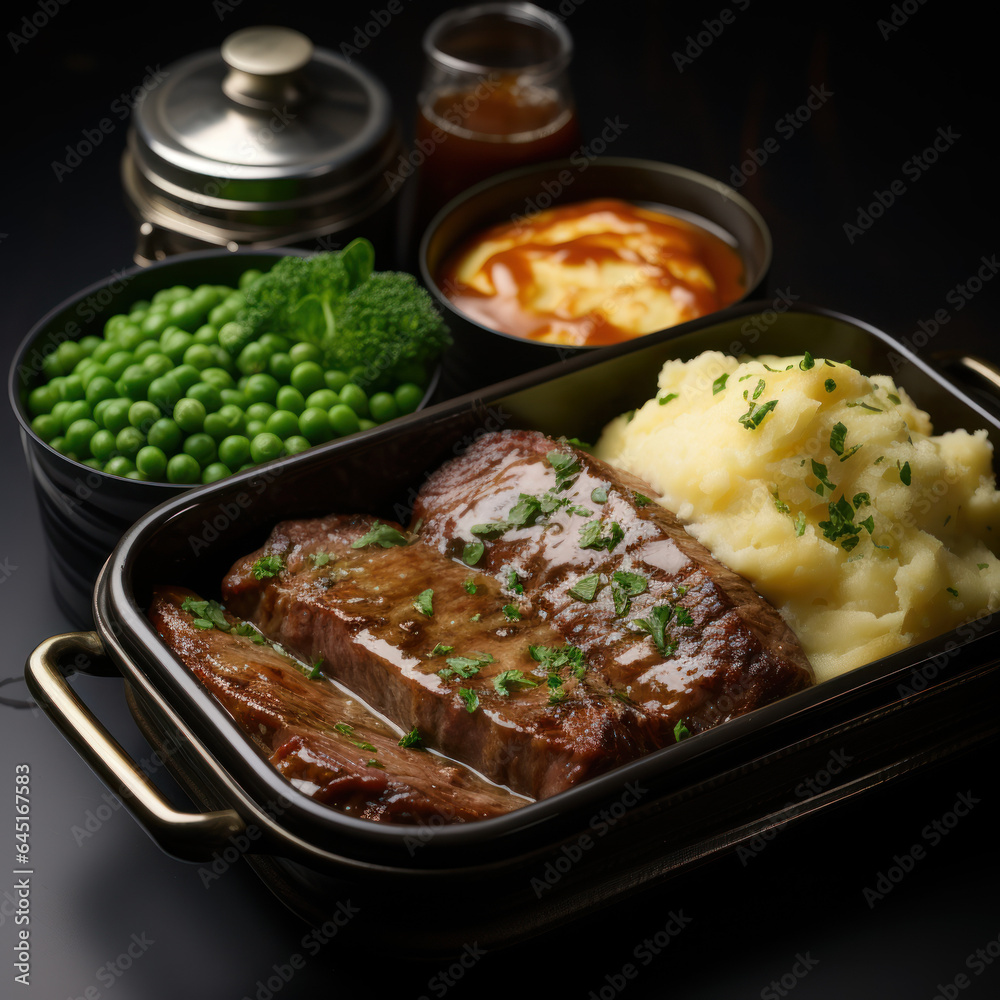 lunch-box with steak mashed potatoes 
