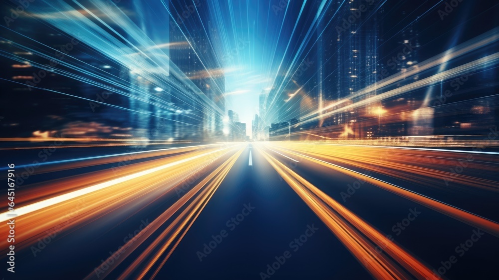 Night city street, road, blue light, abstract dark blur background