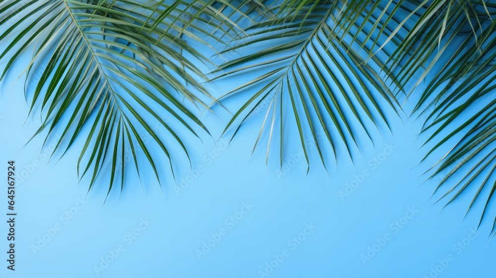 Palm leaf shadow, blue wall, summer background