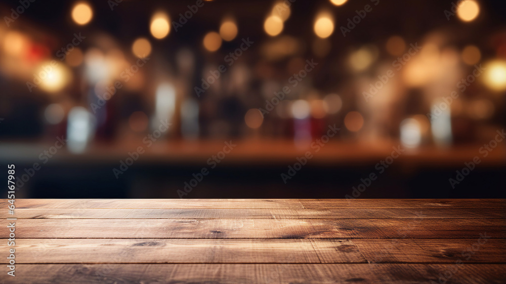 Dark wood table, wooden bar desk, front view, blur background