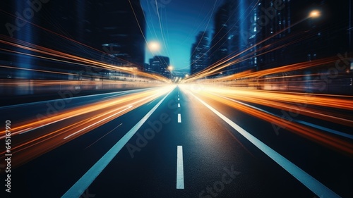 Night city street, road, blue light, abstract dark blur background
