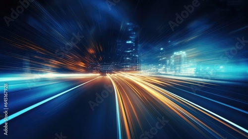 Night city street, road, blue light, abstract dark blur background