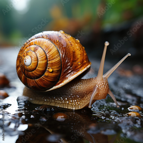 Focused photo of snail. Curve. Misty background. 