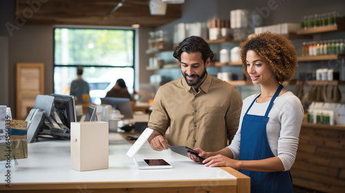 A Take stylish photos of the male cashier. The point of sale and taking orders from women purposely uses bright colors and emphasizes the technological innovation of the cashier system.