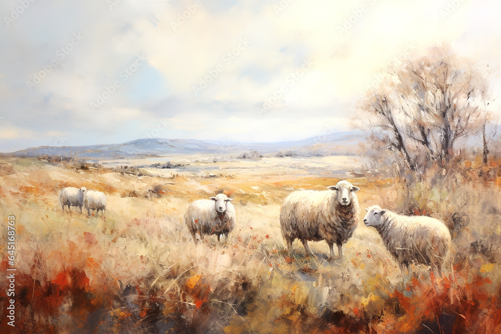 Fototapeta premium Beautiful painting of sheeps standing in the middle of the meadow. Farm animals. Illustration, Generative AI.