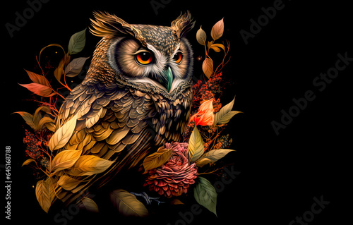 Image of an owl with beautiful flowers. Bird. Wildlife Animals. Illustration, Generative AI.