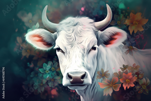 Image of white cow with beautiful flowers. Farm animals. Illustration, Generative AI.