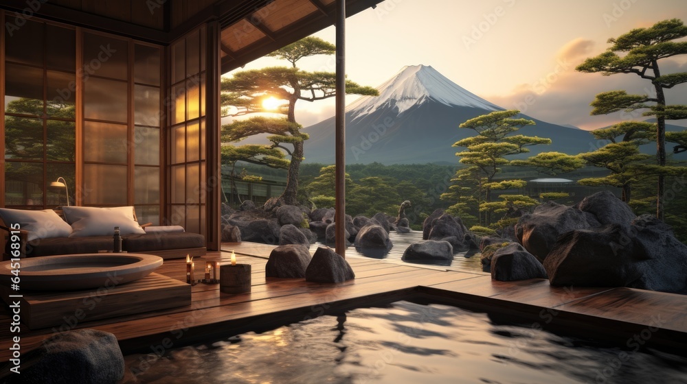 Japanese Hot Springs Onsen Natural Bath onsen ryokan. A small waterfall outside. Japanese open-air baths using hot water from geothermally heated springs. Traditional style architecture ryokan. - obrazy, fototapety, plakaty 