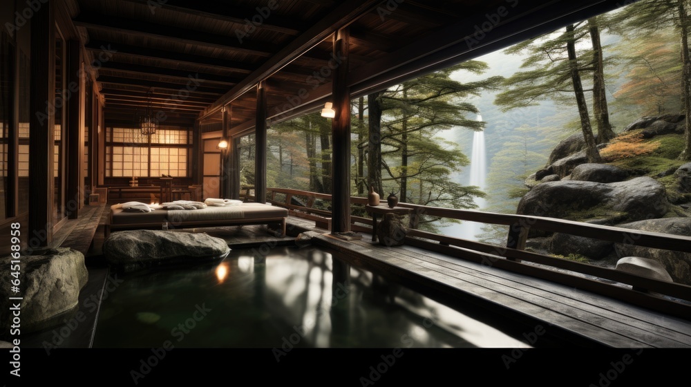 Japanese Hot Springs Onsen Natural Bath onsen ryokan. A small waterfall