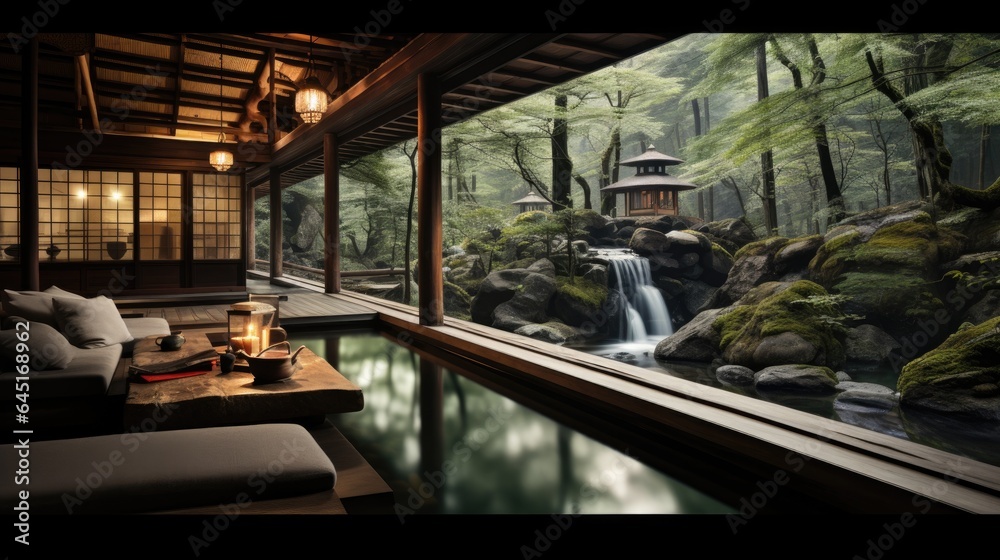 Japanese Hot Springs Onsen Natural Bath onsen ryokan. A small waterfall outside. Japanese open-air baths using hot water from geothermally heated springs. Traditional style architecture ryokan.