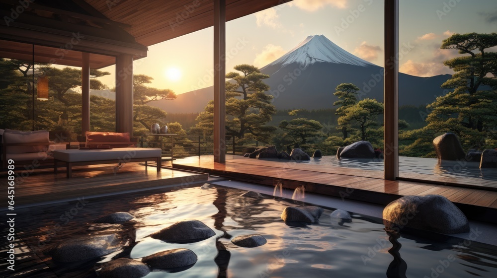 Fototapeta premium Japanese Hot Springs Onsen Natural Bath onsen ryokan. A small waterfall outside. Japanese open-air baths using hot water from geothermally heated springs. Traditional style architecture ryokan.