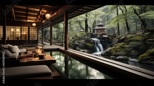 Japanese Hot Springs Onsen Natural Bath onsen ryokan. A small waterfall outside. Japanese open-air baths using hot water from geothermally heated springs. Traditional style architecture ryokan. © ND STOCK
