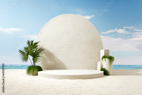 White round podium on the sandy beach with palm trees. High quality photo