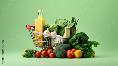 A Realistic photo on pastel green background, Grocery cart full of groceries, fruits and vegetables, pasta, juice, cheese