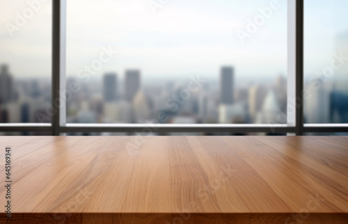 Wooden table top on blurred cityscape background - can be used for display or montage your products. High quality photo