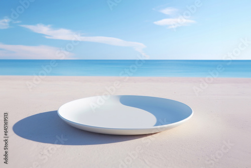 Empty plate on white sand beach with blue sea and sky background. High quality photo