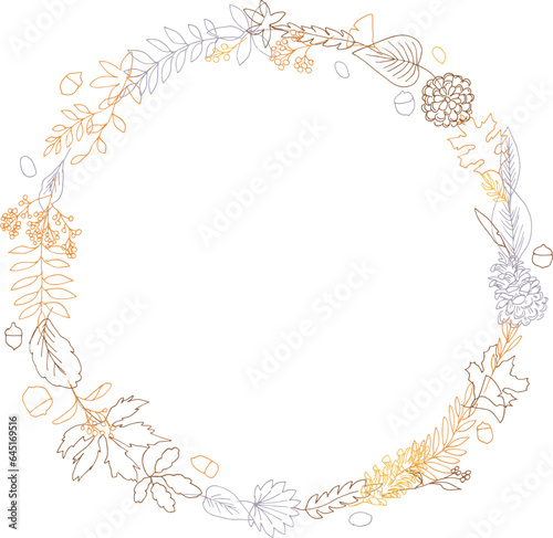 線画。秋の植物のベクターイラスト。秋の葉っぱと木の実イラスト。季節のカードデザイン。Line drawing. Autumn plants vector illustration. Autumn leaves and nuts illustration. Seasonal card design.