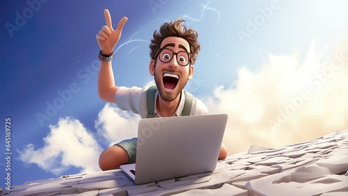 White Male, Man, Remote Work, YouTube, Social Media, Digital Nomad, Business, Happy, Freedom, solopreneur, Adventure, Break Free, Hype, Energy, Journey, Outdoors, New Path, glasses, 3D cartoon, Blue photo