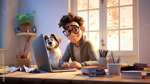 White Male, Man, Remote Work, Work from home, Home Office, Happy, Freelancer, Dog, Solopreneur, Glasses, Paper planes, Home, Work 3D cartoon. photo