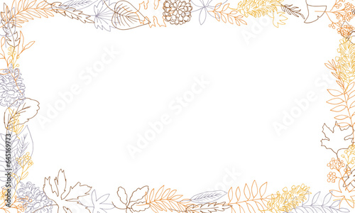 線画。秋の植物のベクターイラスト。秋の葉っぱと木の実イラスト。季節のカードデザイン。Line drawing. Autumn plants vector illustration. Autumn leaves and nuts illustration. Seasonal card design.