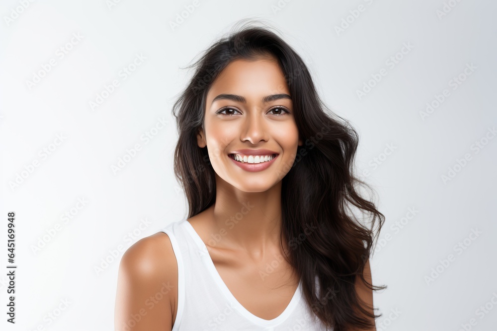Closeup portrait of beautiful Asian Indian woman smiling with clean teeth. Used for dental advertising Isolated on white background. Closeup portrait of beautiful Asian Indian woman smiling with clean teeth. Used for dental advertising Isolated on white background.