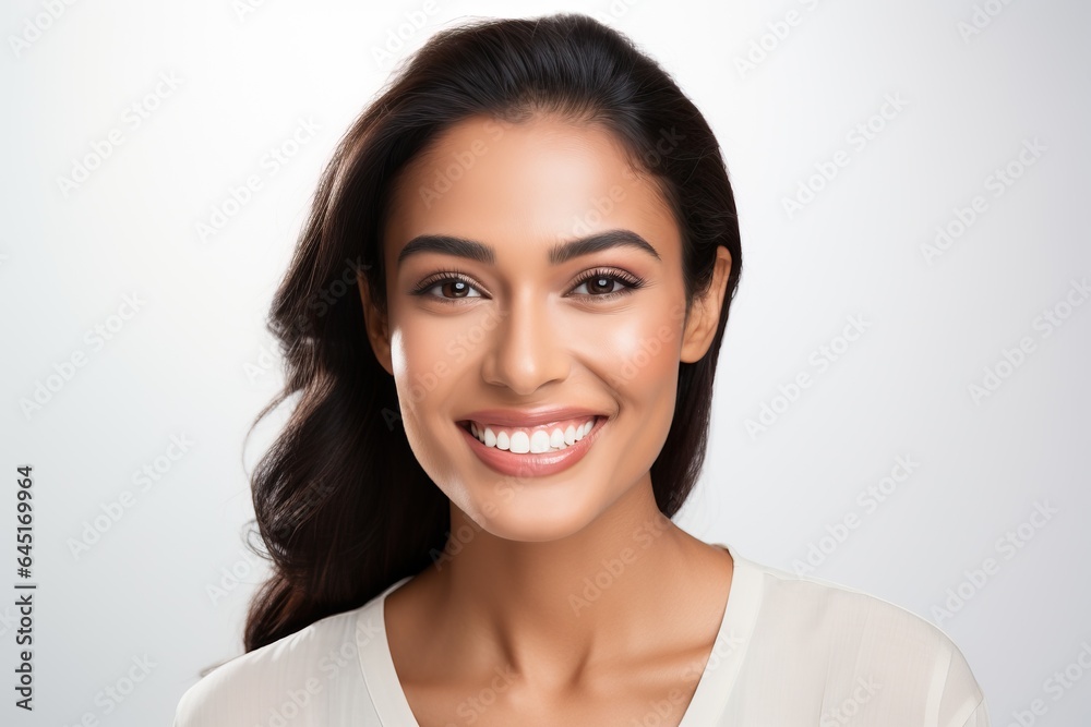 Closeup portrait of beautiful Asian Indian woman smiling with clean teeth. Used for dental advertising Isolated on white background. Closeup portrait of beautiful Asian Indian woman smiling with clean teeth. Used for dental advertising Isolated on white background.