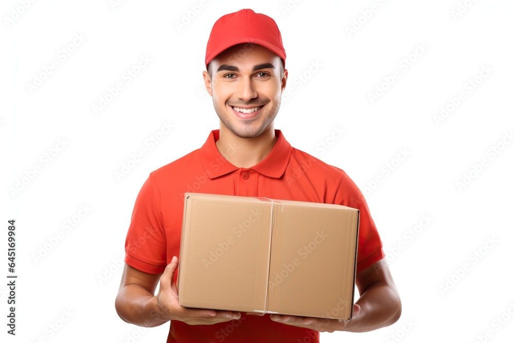 A young man wearing a polo shirt handed over a box of parcels to the side white background portrait A young man wearing a polo shirt handed over a box of parcels to the side white background portrait