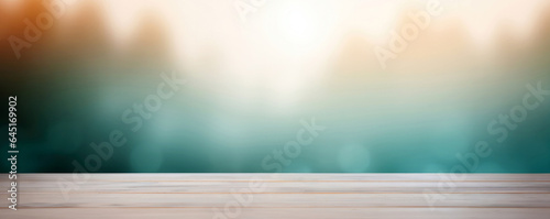 Wooden table in front of blurred green nature background with bokeh sunshine. High quality photo photo