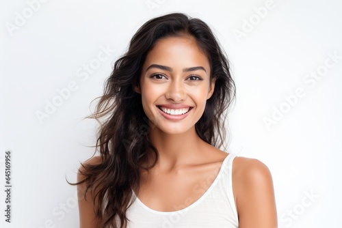 Closeup portrait of beautiful Asian Indian woman smiling with clean teeth. Used for dental advertising Isolated on white background.