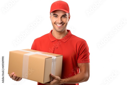 A young man wearing a polo shirt handed over a box of parcels to the side white background portrait © ORG