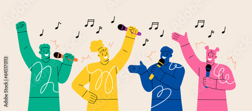 Young people with microphones singing a song at a karaoke party. Colorful vector illustration