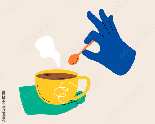 Hands holding  ceramic cup and spoon. Coffee break time. Colorful vector illustration
