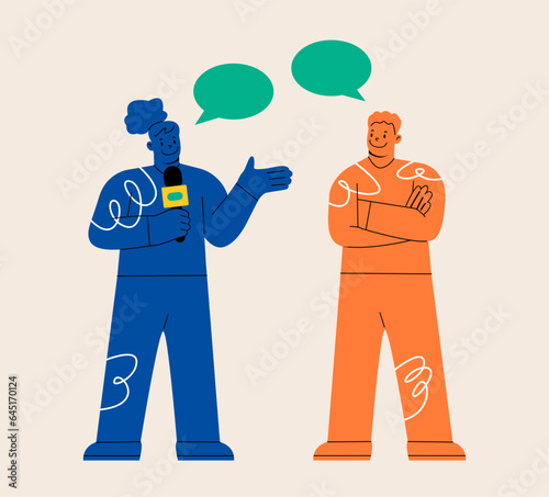 Journalist woman Interviewing man. Reporter female holding microphone presenting breaking news. Colorful vector illustration