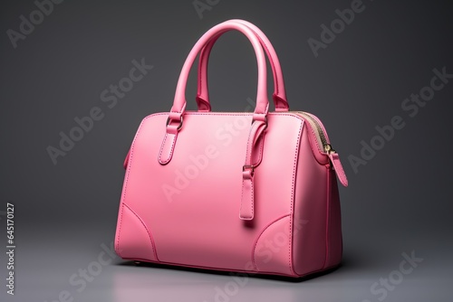 Beautiful trendy smooth youth women's handbag in bright pink color on a gray studio background.