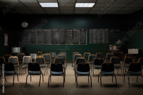 Empty Classroom with white floor. High school. Generative AI