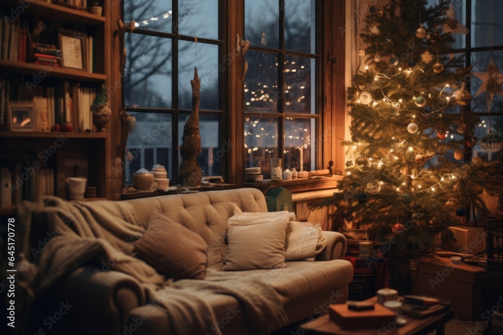 Cozy living room in a house decorated for christmas and the new year holidays