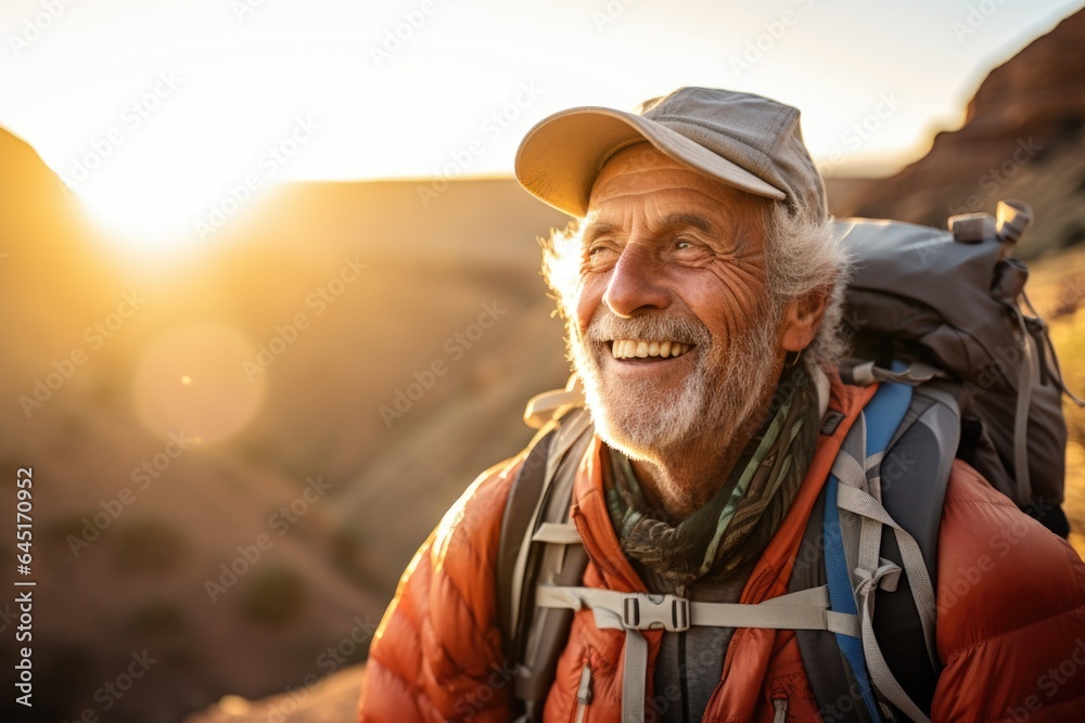 Smiling portrait of a happy senior man hiker hiking in the forests and mountains