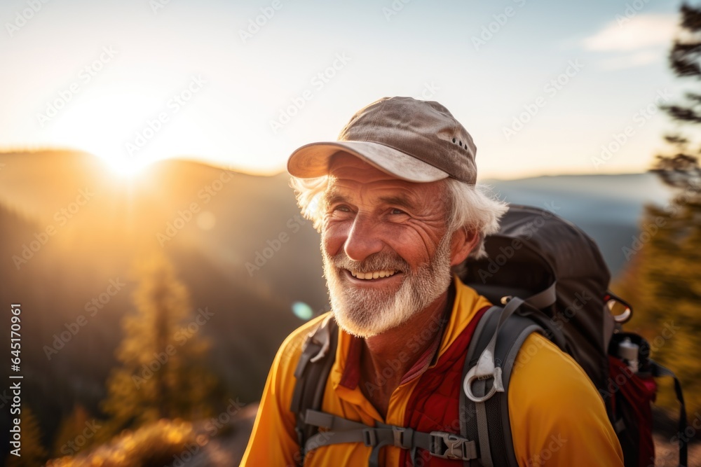 Smiling portrait of a happy senior man hiker hiking in the forests and mountains