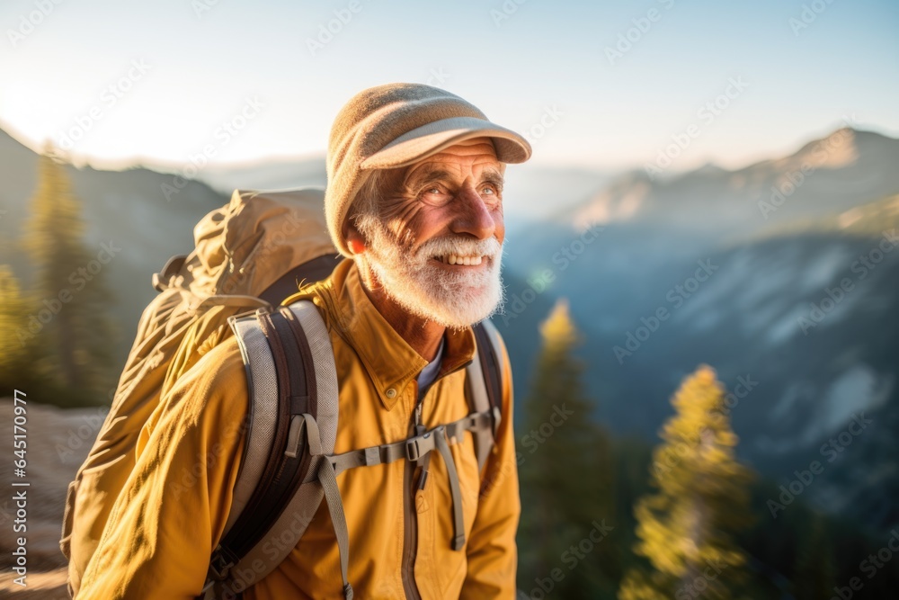 Smiling portrait of a happy senior man hiker hiking in the forests and mountains Smiling portrait of a happy senior man hiker hiking in the forests and mountains