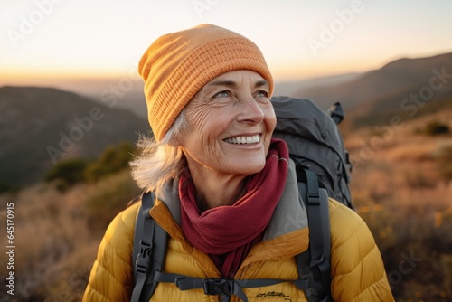 Smiling portrait of a happy senior woman hiker hiking in the forest and mountains