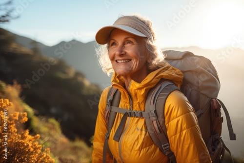 Smiling portrait of a happy senior woman hiker hiking in the forest and mountains