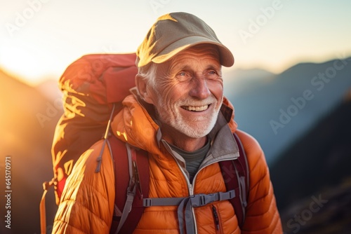 Smiling portrait of a happy senior man hiker hiking in the forests and mountains