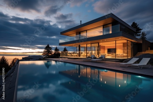 Modern luxury house or villa with an infinity pool overlooking a beatiful view of the ocean and sky © CojanAI