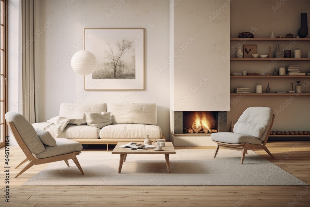 Fototapeta premium Nordic designed interior of a living room in a cozy modern house