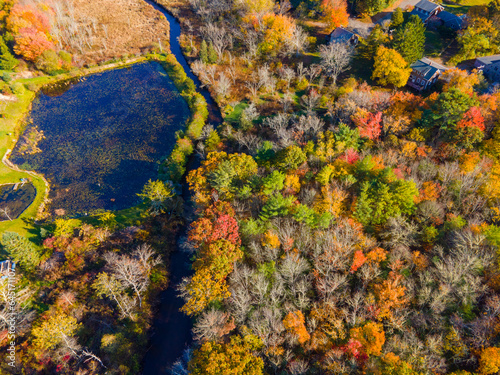 Furnace Brook top view with fall foliage in town of Kingston, Massachusetts MA, USA. 