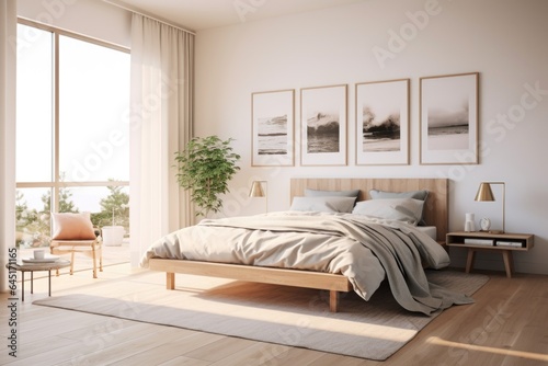 Nordic designed interior of a cozy bedroom in a modern house with plenty of natural light