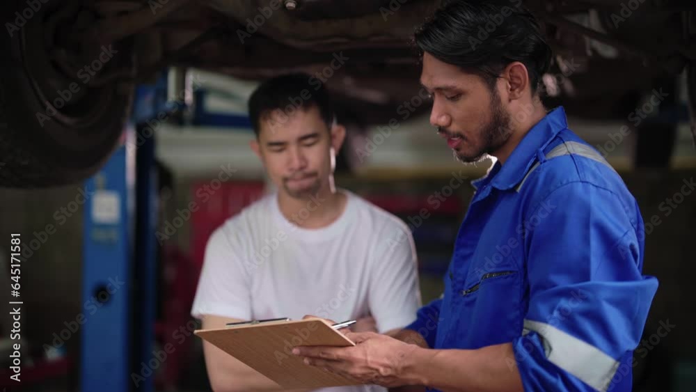 Asian automotive Mechanic man and a customer explain car condition discussing repairs problems to his vehicle in mechanics workshop point and auto service garage.