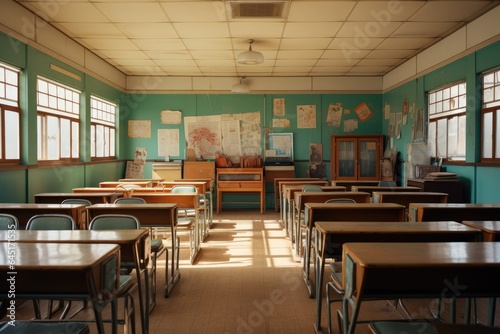 Empty Classroom with white floor. High school. Generative AI © itchaznong