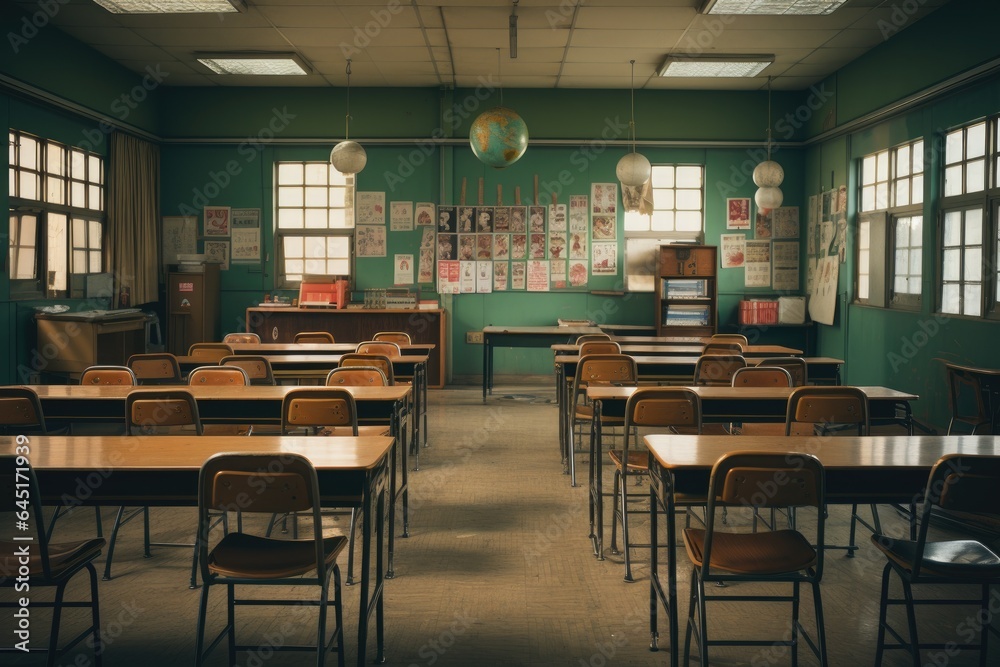 Empty Classroom with white floor. High school. Generative AI